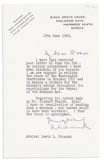 (PRIME MINISTERS--UK.) MACMILLAN, HAROLD. Small archive of 4 Typed Letters Signed, to Admiral Lewis Strauss,